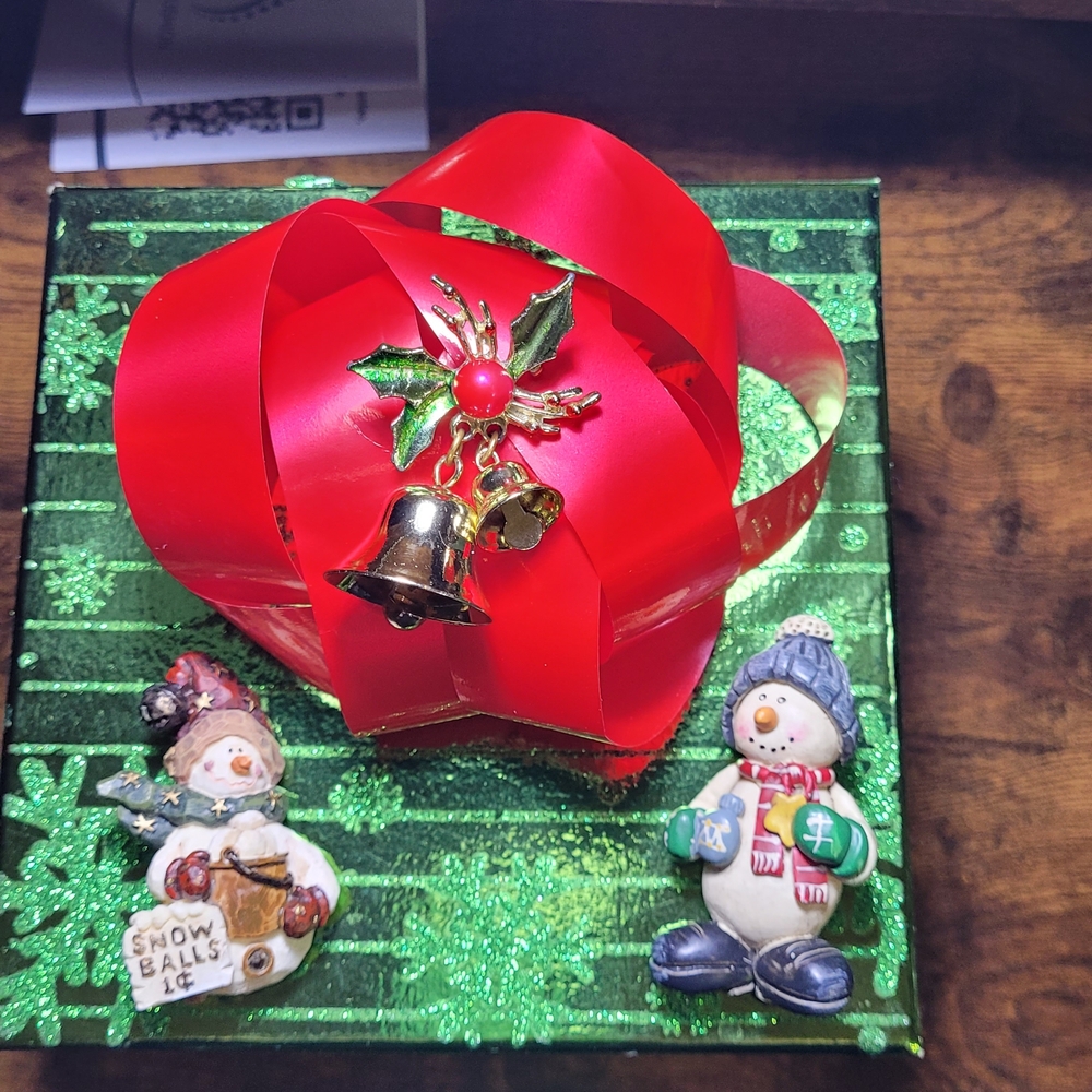 Festive Holiday Brooch Set with Snowman and Bell